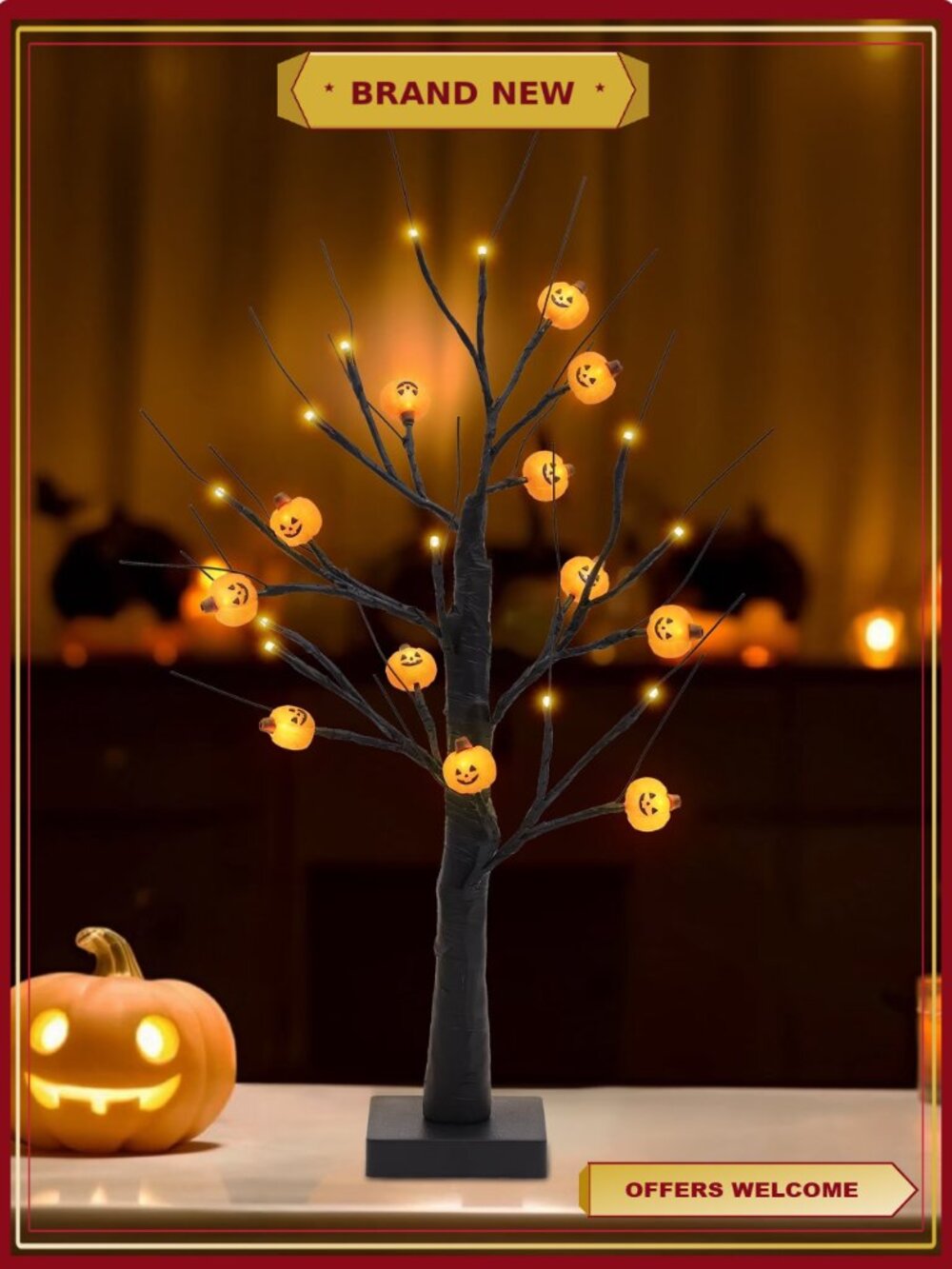 2FT Light-Up Halloween Tree with 12 Glowing Pumpkin Ornaments Tabletop Decor